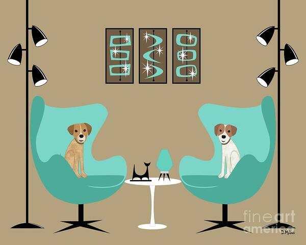 Mid Century Modern Dog Art Print featuring the digital art Two Egg Chairs with Dogs by Donna Mibus