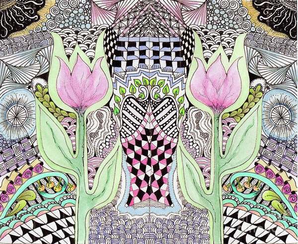 Tulips Flowers Watercolors Pen And Ink Zentangle Designs Art Print featuring the painting Two Tulips by Ruth Dailey