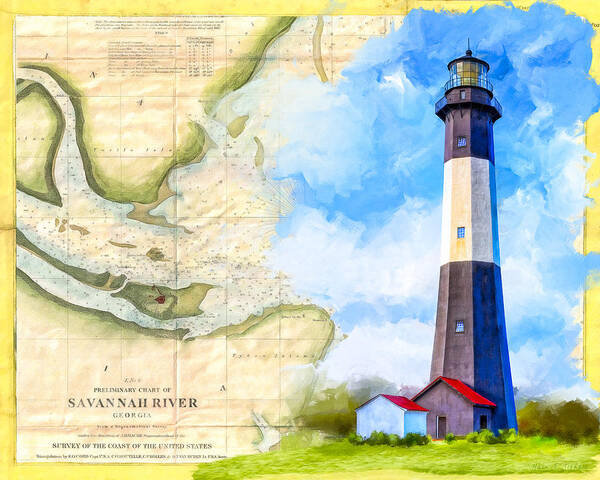 Tybee Art Print featuring the mixed media Tybee Island Light - Vintage Nautical Map by Mark Tisdale