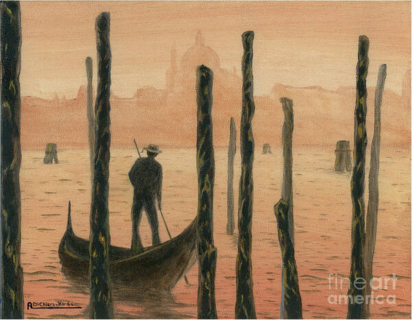 Cityscape Art Print featuring the photograph Venetian Gondolier in the sunset by Italian Art