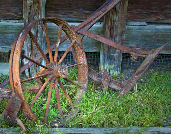 Farm Art Print featuring the photograph Wagon Wheel and Fence by David and Carol Kelly