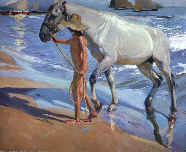 Sorollas Art Print featuring the painting Washing the Horse by Juaquin Sorolla