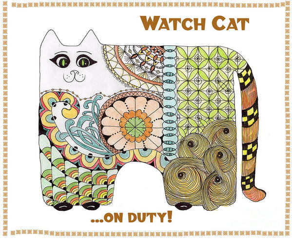 Kitty Cat Zentangles Doodles Watercolor Geometrics Art Print featuring the tapestry - textile Watch Cat...on duty by Ruth Dailey