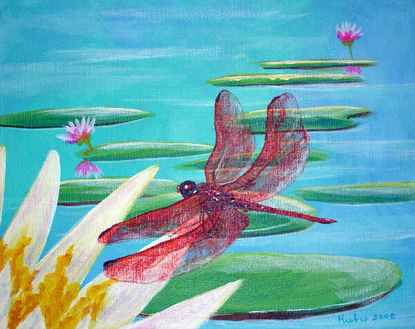 Water Art Print featuring the painting Water Lilies and Dragonfly by Susan Kubes