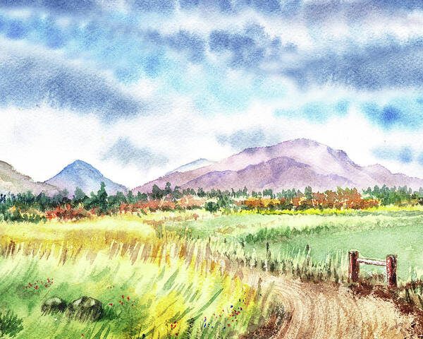 Mountains Art Print featuring the painting Watercolor Landscape Path To The Mountains by Irina Sztukowski