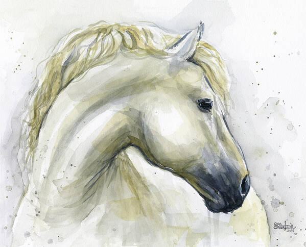 Stallion Art Print featuring the painting White Horse Watercolor by Olga Shvartsur