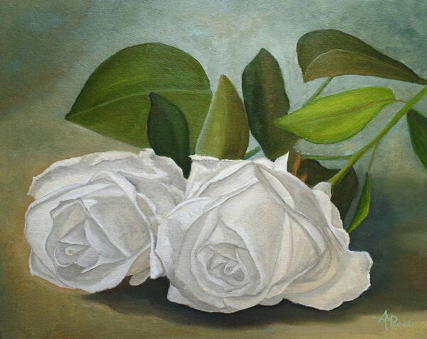 White Roses Art Print featuring the painting White Roses by Angeles M Pomata
