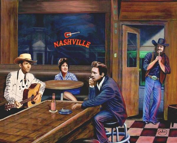 Nashville Midnight Bar Honkey Tonk Tennessee Grand Old Opera Jonny Cash Hank Williams Jr. Sr Patsy Cline Jenning Waylon Sr. Country Western Cowboys Gaiter Pub Liquor Drinks Singers Entertainer Smoke Cigarette Shot Glass Drinking Late Hours After Stool Singers Stars Idols Famous Stars Ron Chambers Ronald Rkc An Am As At If In Is It Of On Or Us A Be He Me We Do No So To By Than From And The This But For With Hangout Kicking Back Stage Taking Break High Saloon Night Club Stage Performers Art Print featuring the painting Winding Down by Ron Chambers