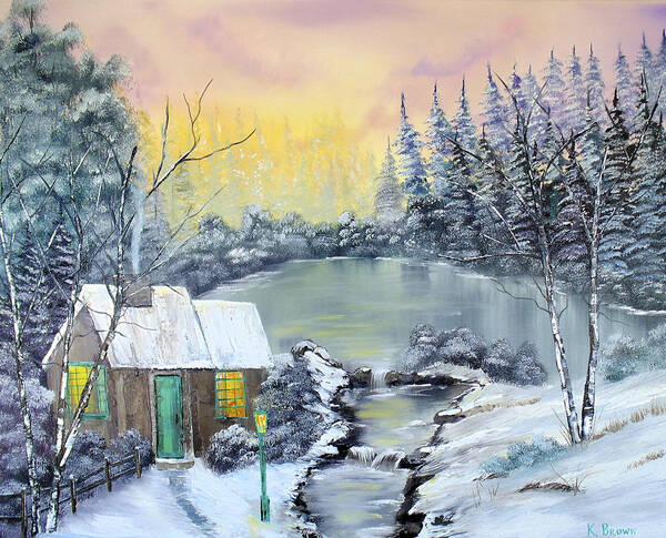 Winter Art Print featuring the painting Winter Cabin by Kevin Brown