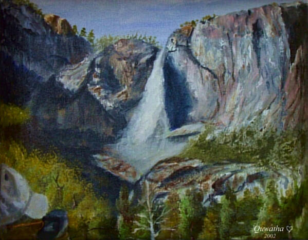 Waterfall Art Print featuring the painting Yosemite Waterfall by Quwatha Valentine