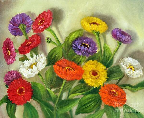 Zinnias Art Print featuring the painting Zinnias by Rand Burns