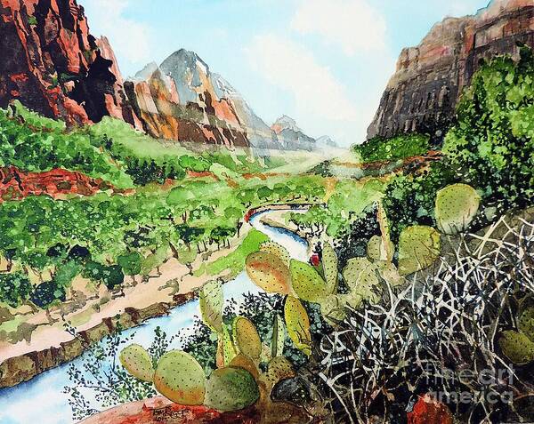 Zion Art Print featuring the painting Zion and The Virgin River by Tom Riggs