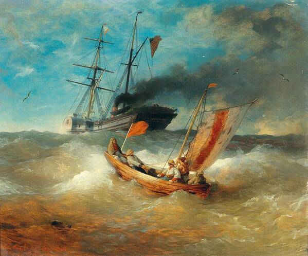 Sea Art Print featuring the painting Andreas Achenbach Kassel 1815-1910 Dusseldorf A fishing boat at sea, in the background a steamboat #1 by Andreas Achenbach