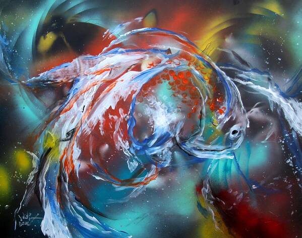 Fish Art Print featuring the painting Abstract White Tri Fantail Goldfish by J Vincent Scarpace