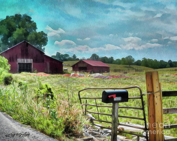 Barn Back Roads Sky Clouds Tennessee Trees Mailbox Art Print featuring the digital art Along the Rural Road Old Barn in Tennessee II by Rhonda Strickland