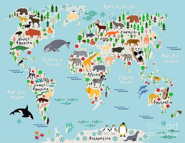 America Art Print featuring the digital art Animal Map Of The World For Children by Moloko88
