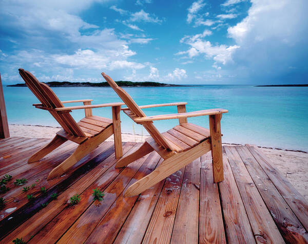 Outdoors Art Print featuring the photograph Bahamas, Deck Chairs On Jetty by Westend61