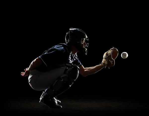 Sports Helmet Art Print featuring the photograph Baseball Catcher Catching Ball In Mitt by Lewis Mulatero