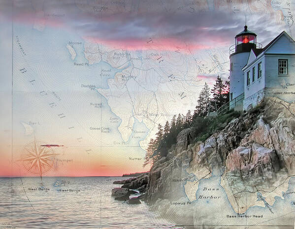 Lighthouses Of New England Art Print featuring the photograph Bass Harbor lighthouse on a chart by Jeff Folger