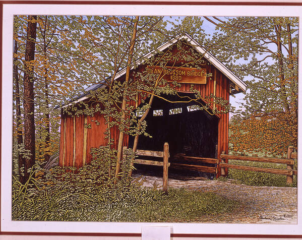 Covered Bridge Art Print featuring the painting Bean Blossom Bridge by Thelma Winter