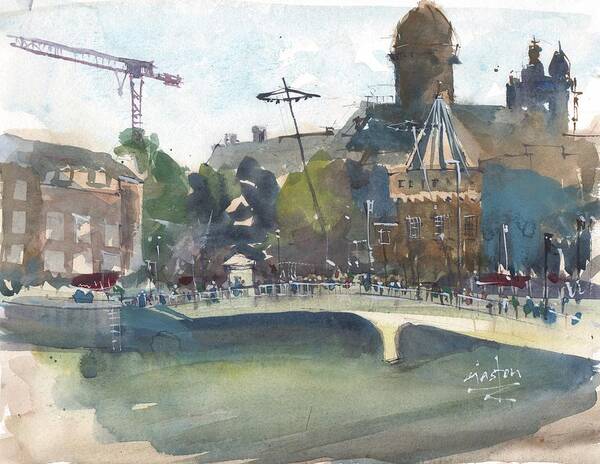 Docks Art Print featuring the painting Bridge in Amsterdam by Gaston McKenzie