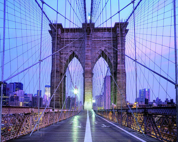 Arch Art Print featuring the photograph Brooklyn Bridge Walkway At Dawn, New by Andrew C Mace