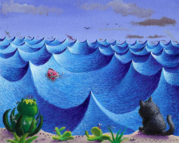 Sea Art Print featuring the painting Cactus, Cat, Fish by Sam Hurt