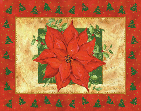 Poinsettia With Christmas Tree Top And Bottom Border Art Print featuring the painting Chjoy01 by Maria Trad