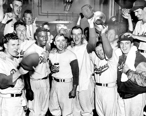 Horizontal Art Print featuring the photograph Dodgers Celebrate In The Clubhouse by New York Daily News Archive