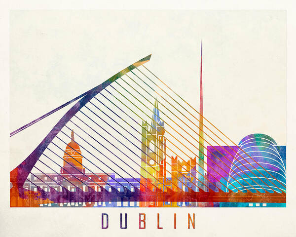 Cities Art Print featuring the drawing Dublin Landmarks Watercolor Poster by Domiciano Pablo Romero Franco
