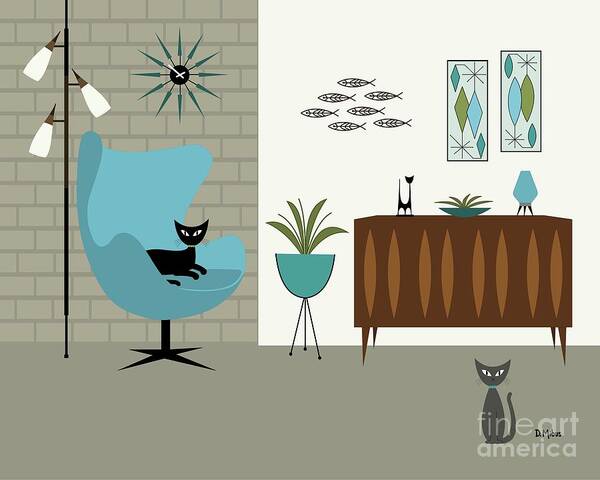 Mid Century Modern Art Print featuring the digital art Egg Chair with Mini Fish Art by Donna Mibus