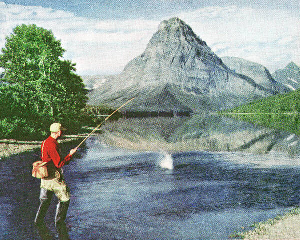 Activity Art Print featuring the drawing Fisherman Wading in a Lake by a Mountain by CSA Images