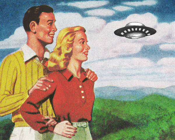 Adult Art Print featuring the drawing Happy Couple Watching a UFO by CSA Images