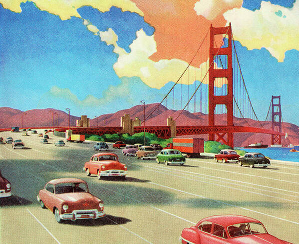 Auto Art Print featuring the drawing Highway over the Golden Gate Bridge by CSA Images
