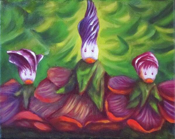 Fantasy Art Print featuring the painting Hollyhock Sisters by Sherry Strong