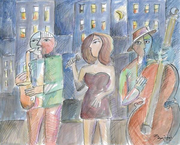 Saxophone Art Print featuring the drawing Jazz Nightowls by Gerry High