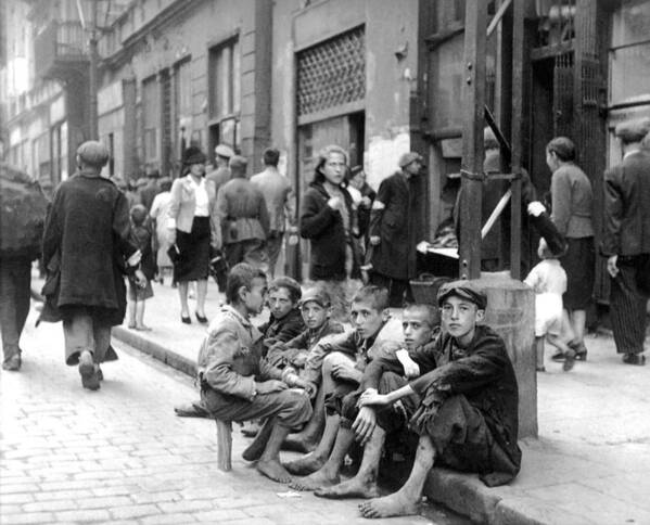 Barefoot Art Print featuring the painting Jewish children sit barefoot and in ragged clothing in Nowolipie Street in the Warsaw Ghetto May 19 by Celestial Images
