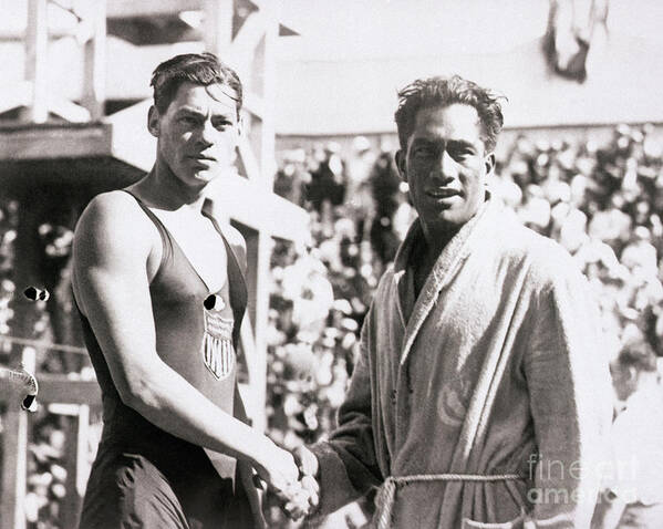 The Olympic Games Art Print featuring the photograph Johnny Weismuller And Duke Kahanamoku by Bettmann
