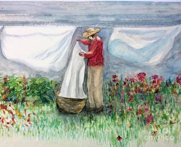 Laundry Hanging On The Line Art Print featuring the painting Jo's Linens by Deb Stroh-Larson