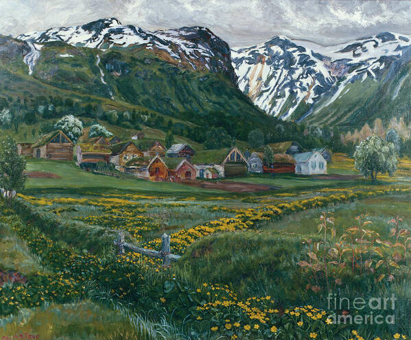 Nikolai Astrup Art Print featuring the painting June night and old Joelster yard, 1910 by O Vaering by Nikolai Astrup