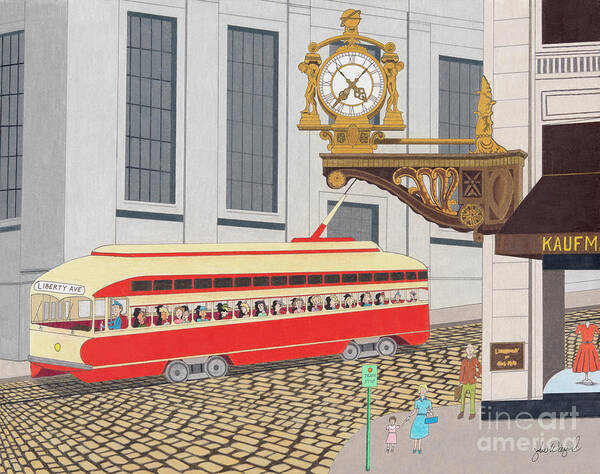 Downtown Pittsburgh Art Print featuring the drawing Kaufmann Clock by John Wiegand