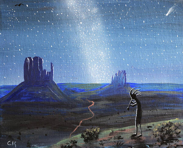Kokopelli Art Print featuring the painting Kokopelli and Milky Way Stars at Monument Valley by Chance Kafka