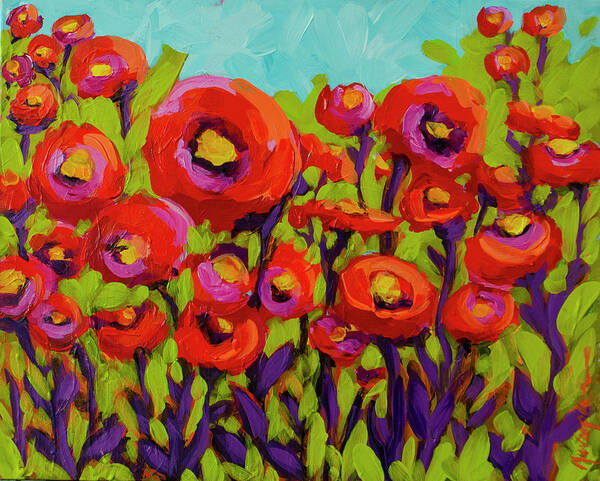 Vibrant Artwork Art Print featuring the painting Let's Play together - Vibrant Poppy Field Artwork by Patricia Awapara