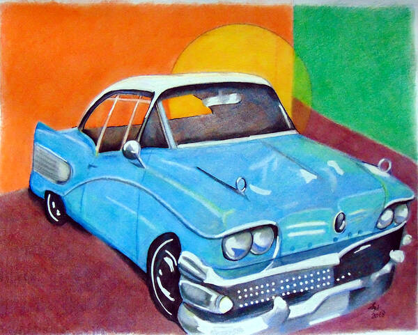 Car Art Print featuring the drawing Light blue 1950s car by Loretta Nash
