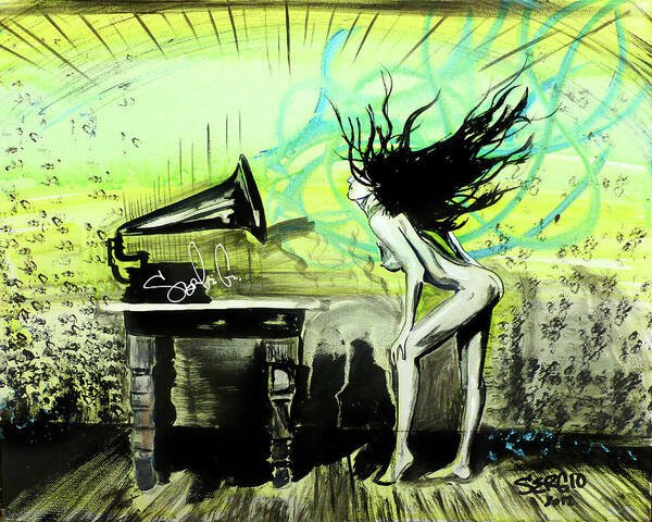 Woman Music Life Hair Lady Female Nude Beauty Beautiful Model Sexy Hair Feet Hands Ipod Headphones Recording Record Rustic B&w Black And White Green Abstract Art Print featuring the painting Listen To The Music by Sergio Gutierrez