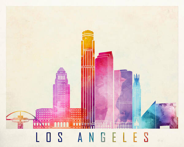 Cities Art Print featuring the drawing Los Angeles Landmarks Watercolor Poster by Domiciano Pablo Romero Franco