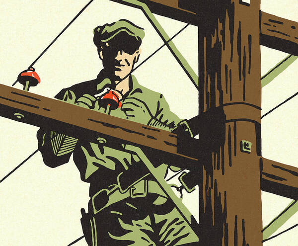 Adult Art Print featuring the drawing Man Working on a Power Line by CSA Images