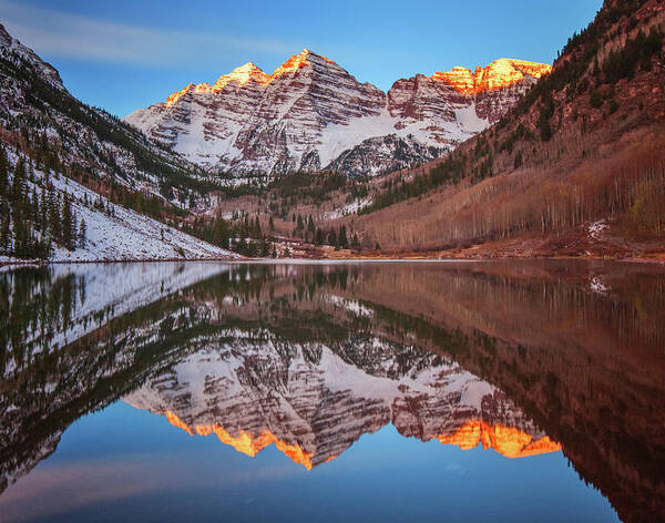 Maroon Bells Alpenglow
Landscapes & Nature Art Print featuring the photograph Maroon Bells Alpenglow by Darren White Photography