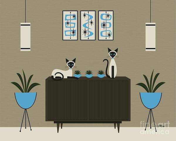 Mid Century Modern Art Print featuring the digital art Mid Century Modern Siamese Cats by Donna Mibus