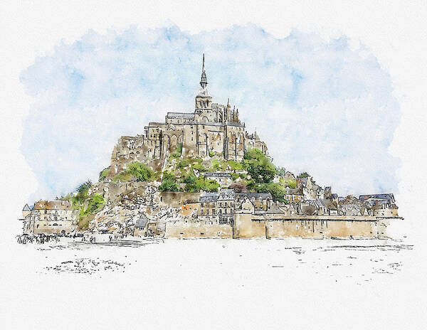 Mont-saint-michel Art Print featuring the digital art Mont-Saint-Michel #watercolor #sketch #mont-saint-michel #france by TintoDesigns